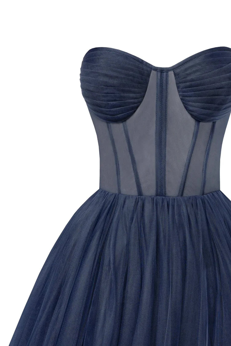 Strapless Navy Bloom Midi Tulle Dress