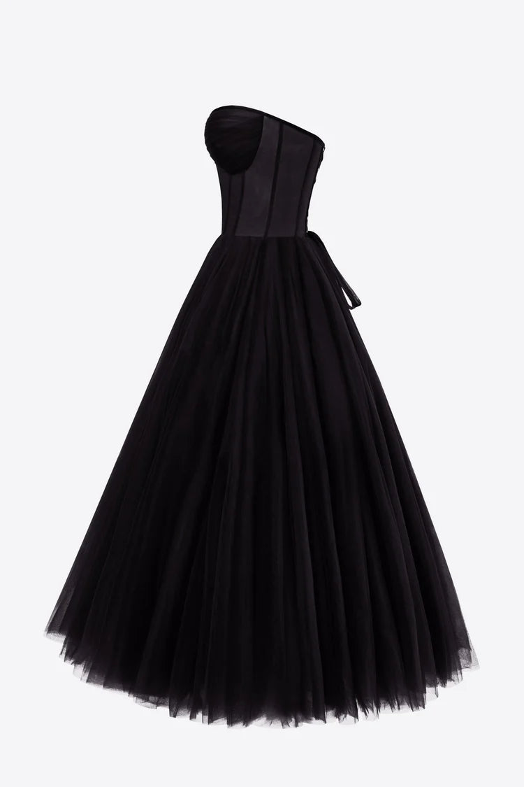 Strapless Black Bloom Midi Tulle Dress