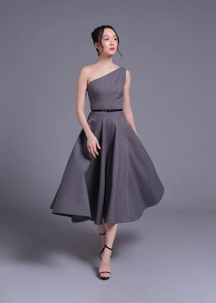Grey One Shoulder Stormline Cut Dress