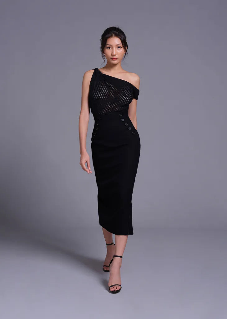 Black High Waist Formline Skirt with Button Detail