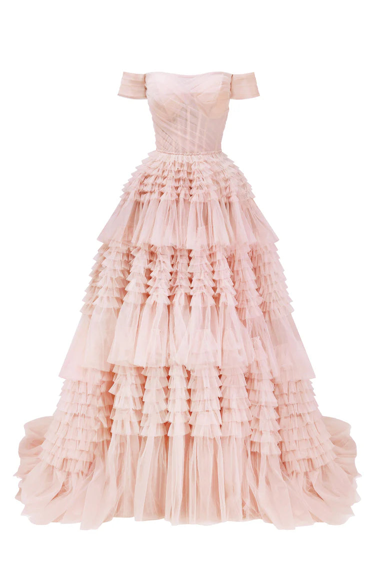 Misty Roselle Off Shoulder Frill Layered Gown