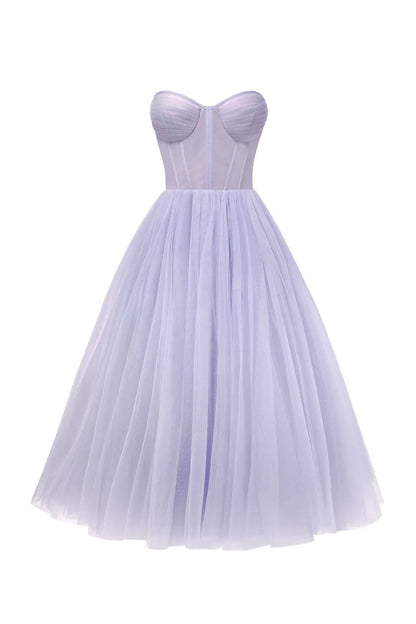 Strapless Lavender Bloom Midi Tulle Dress