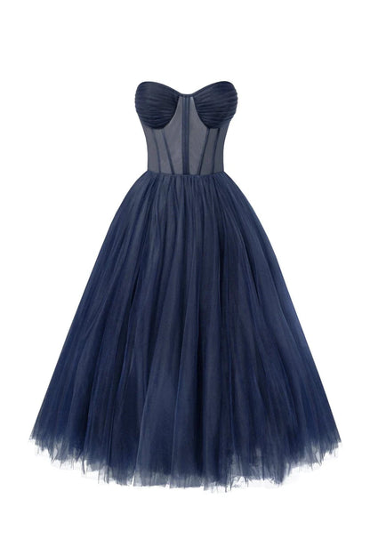 Strapless Navy Bloom Midi Tulle Dress