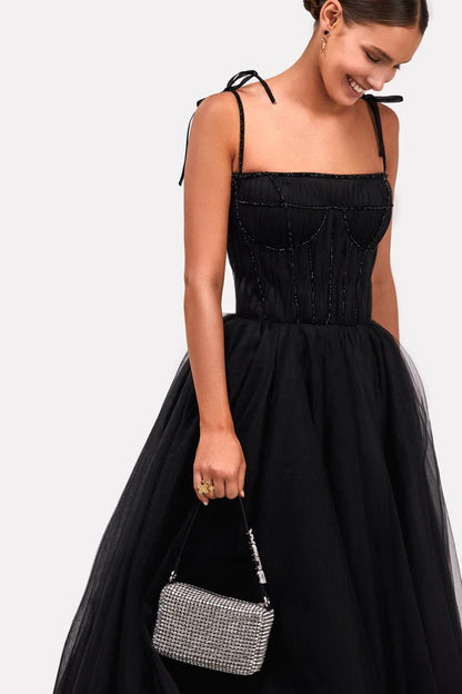 Black Ribbon Strap Cocktail Dress with Onyx Corset Embroidery
