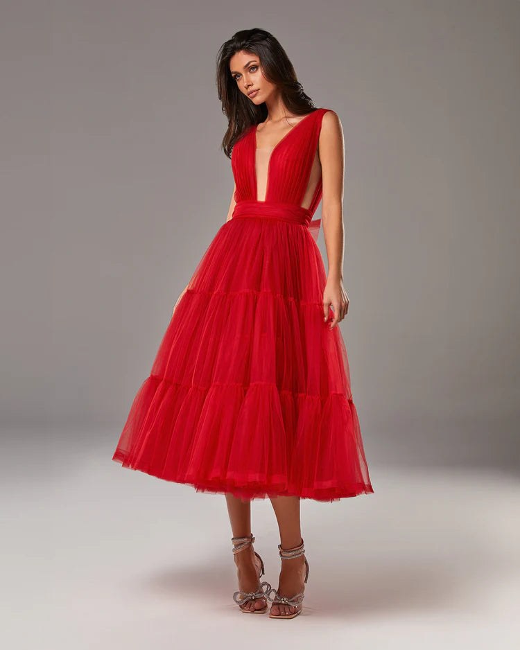 Red Allure midi Deep Plunge Cut-Out Detailing