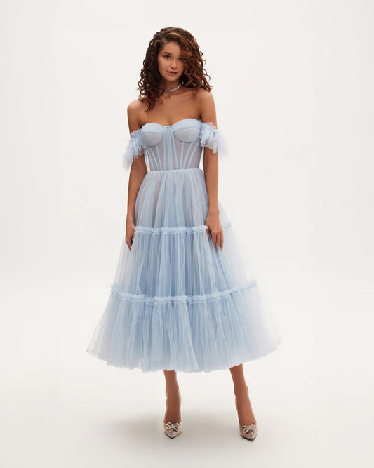 Soft Blue Ruffle Tulle Midi Dress