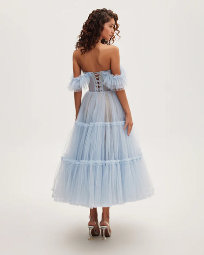 Soft Blue Ruffle Tulle Midi Dress