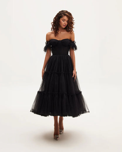 Obsidian Night Ruffle Tulle Midi Dress
