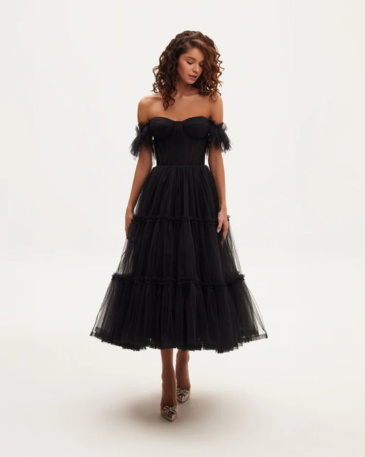 Obsidian Night Ruffle Tulle Midi Dress