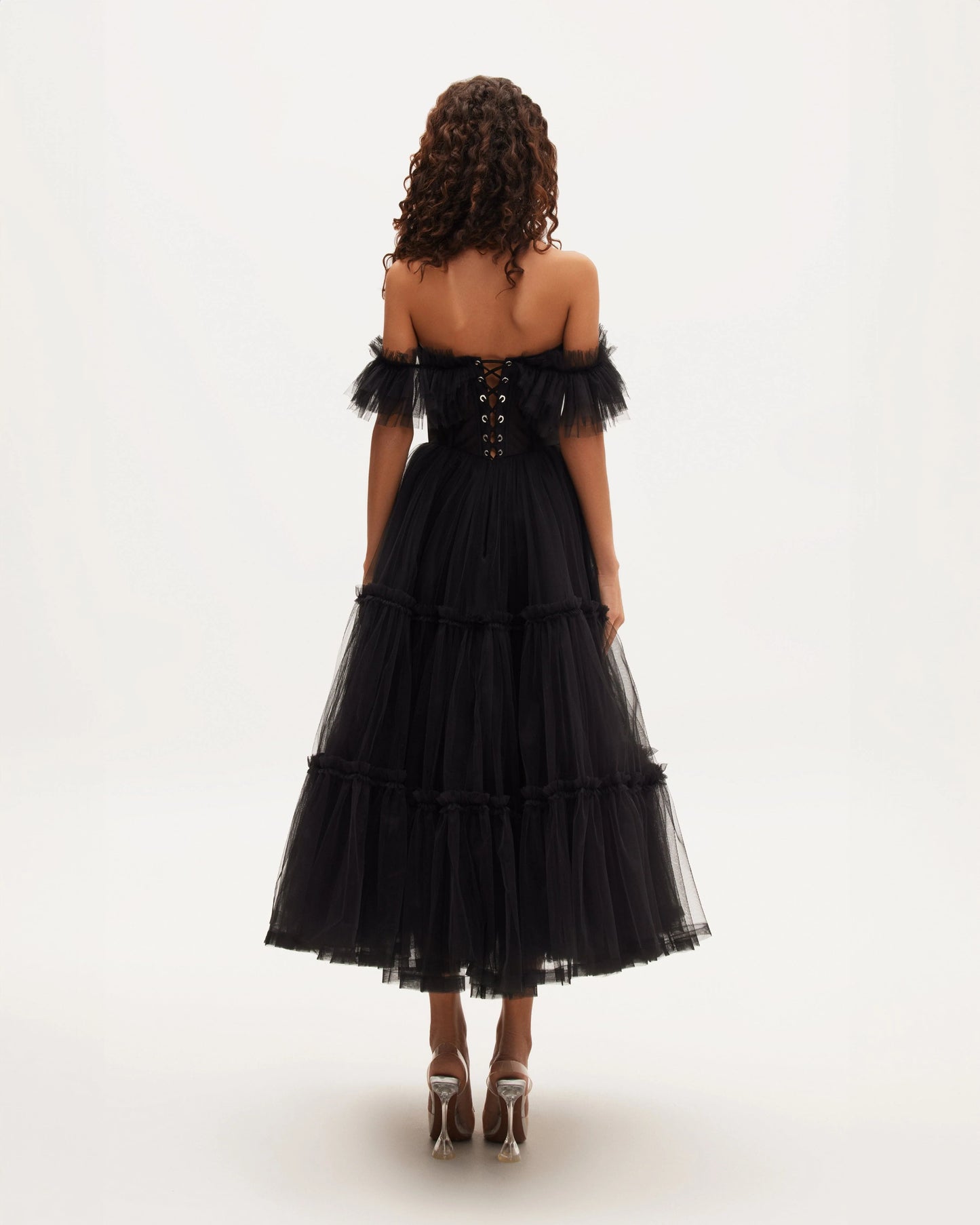 Obsidian Night Ruffle Tulle Midi Dress