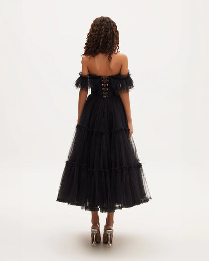 Obsidian Night Ruffle Tulle Midi Dress