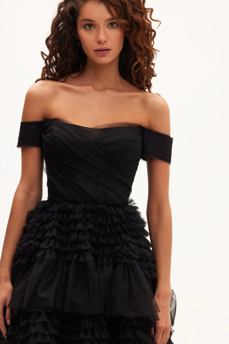 Black Swan Off Shoulder Frill Layered Gown
