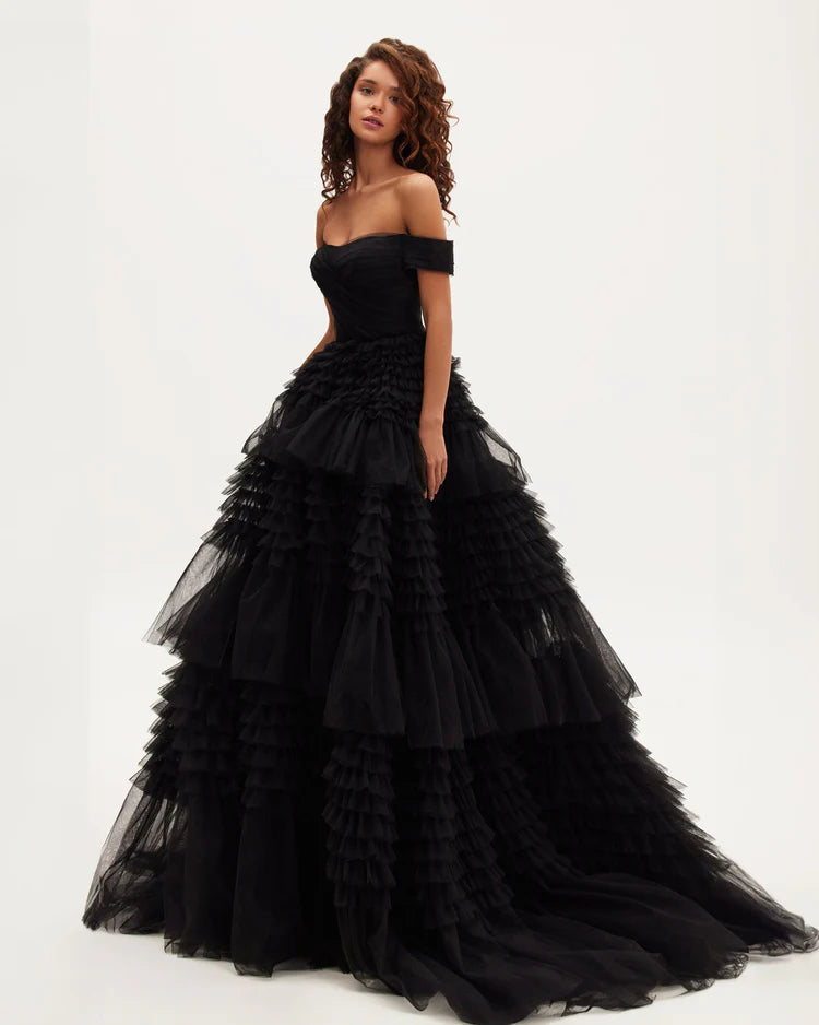 Black Swan Off Shoulder Frill Layered Gown