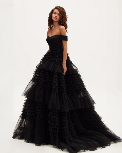 Black Swan Off Shoulder Frill Layered Gown