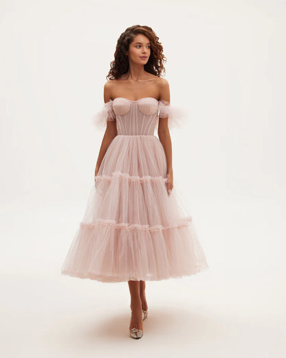 Pink Peony Ruffle Tulle Midi Dress