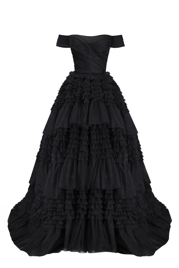 Black Swan Off Shoulder Frill Layered Gown