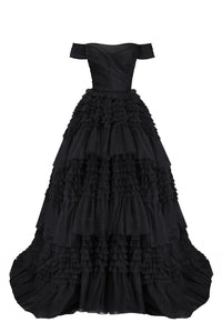 Black Swan Off Shoulder Frill Layered Gown
