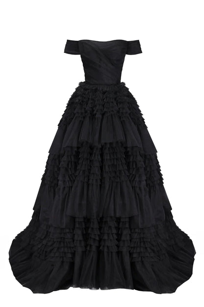 Black Swan Off Shoulder Frill Layered Gown