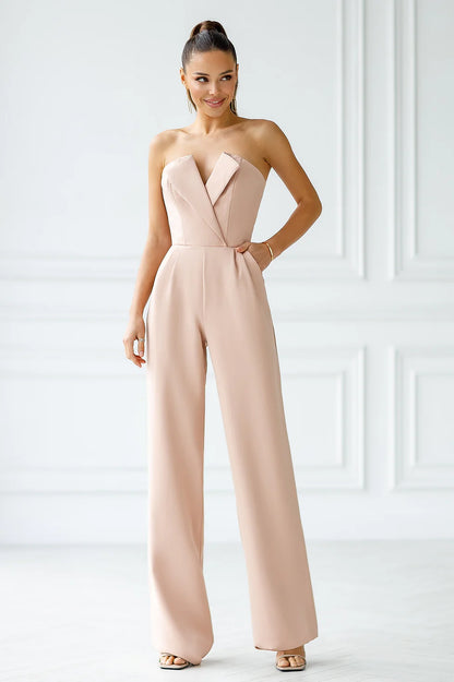 Classic Beige V-neck Sleeveless Jumpsuit