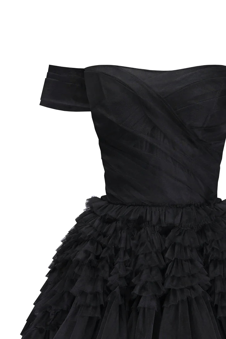 Black Swan Off Shoulder Frill Layered Gown
