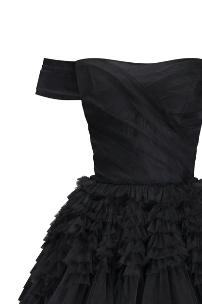Black Swan Off Shoulder Frill Layered Gown