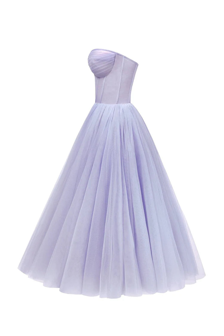 Strapless Lavender Bloom Midi Tulle Dress