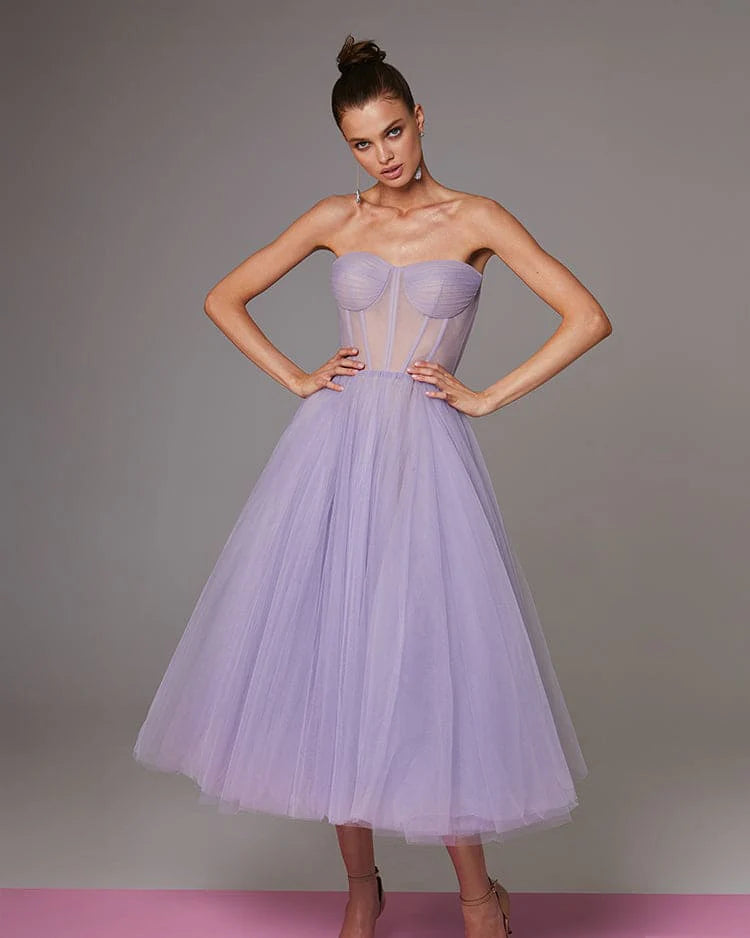 Strapless Lavender Bloom Midi Tulle Dress
