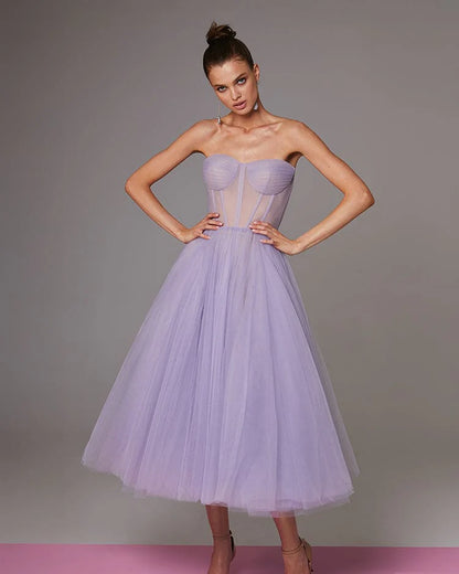 Strapless Lavender Bloom Midi Tulle Dress