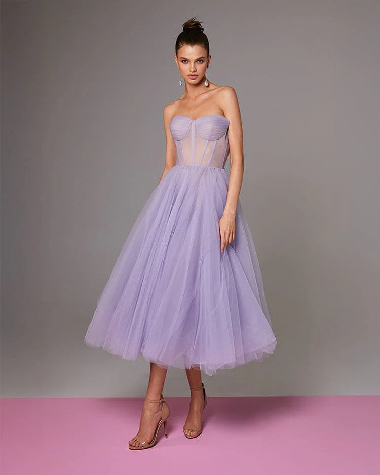 Strapless Lavender Bloom Midi Tulle Dress