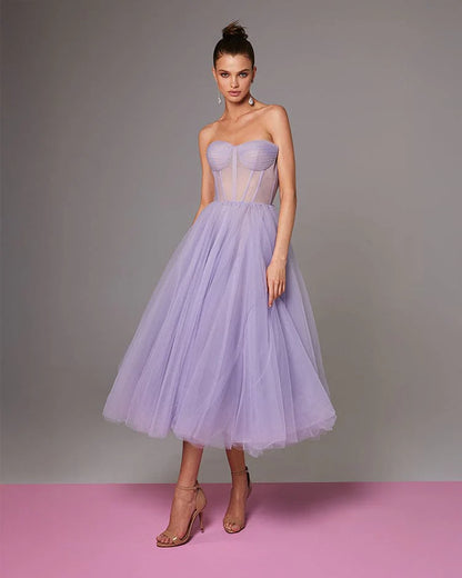 Strapless Lavender Bloom Midi Tulle Dress