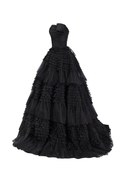 Black Swan Off Shoulder Frill Layered Gown