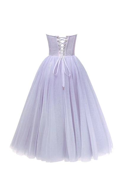 Strapless Lavender Bloom Midi Tulle Dress
