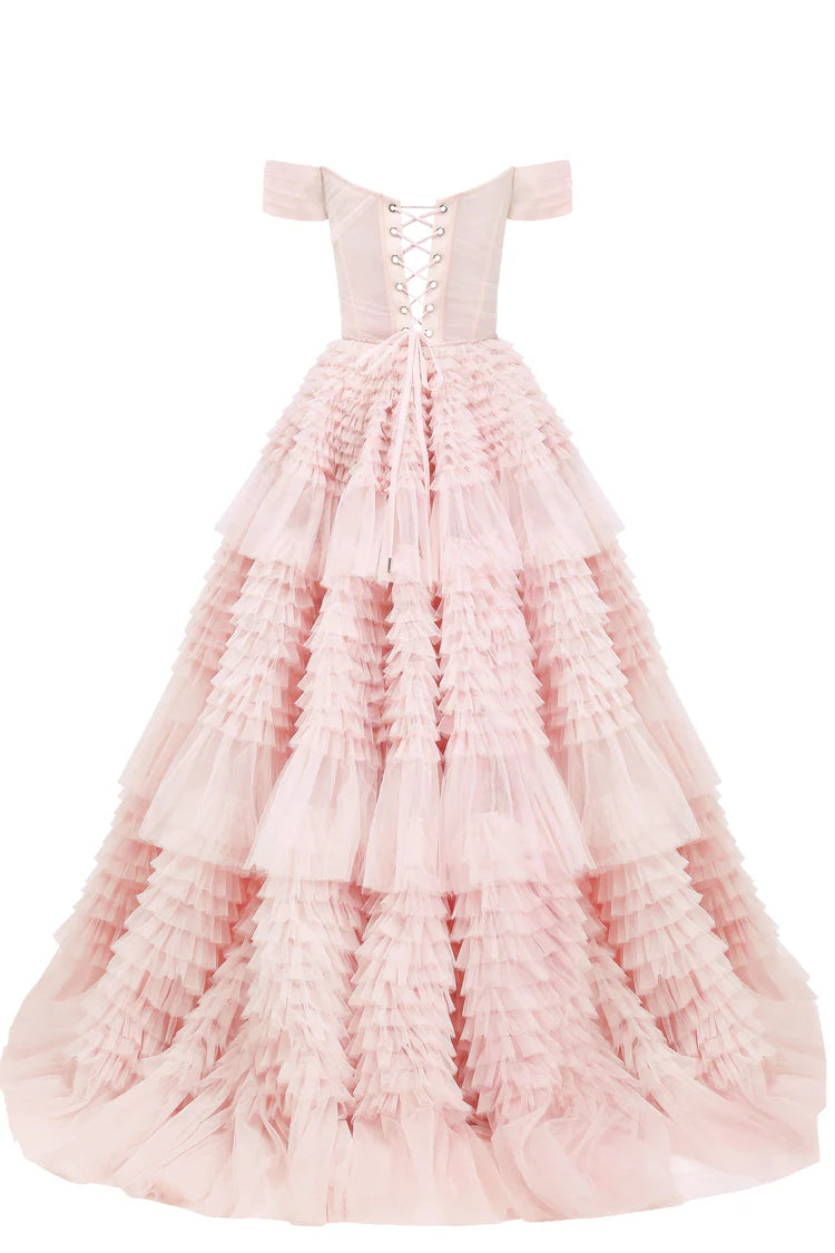 Misty Roselle Off Shoulder Frill Layered Gown