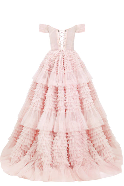 Misty Roselle Off Shoulder Frill Layered Gown
