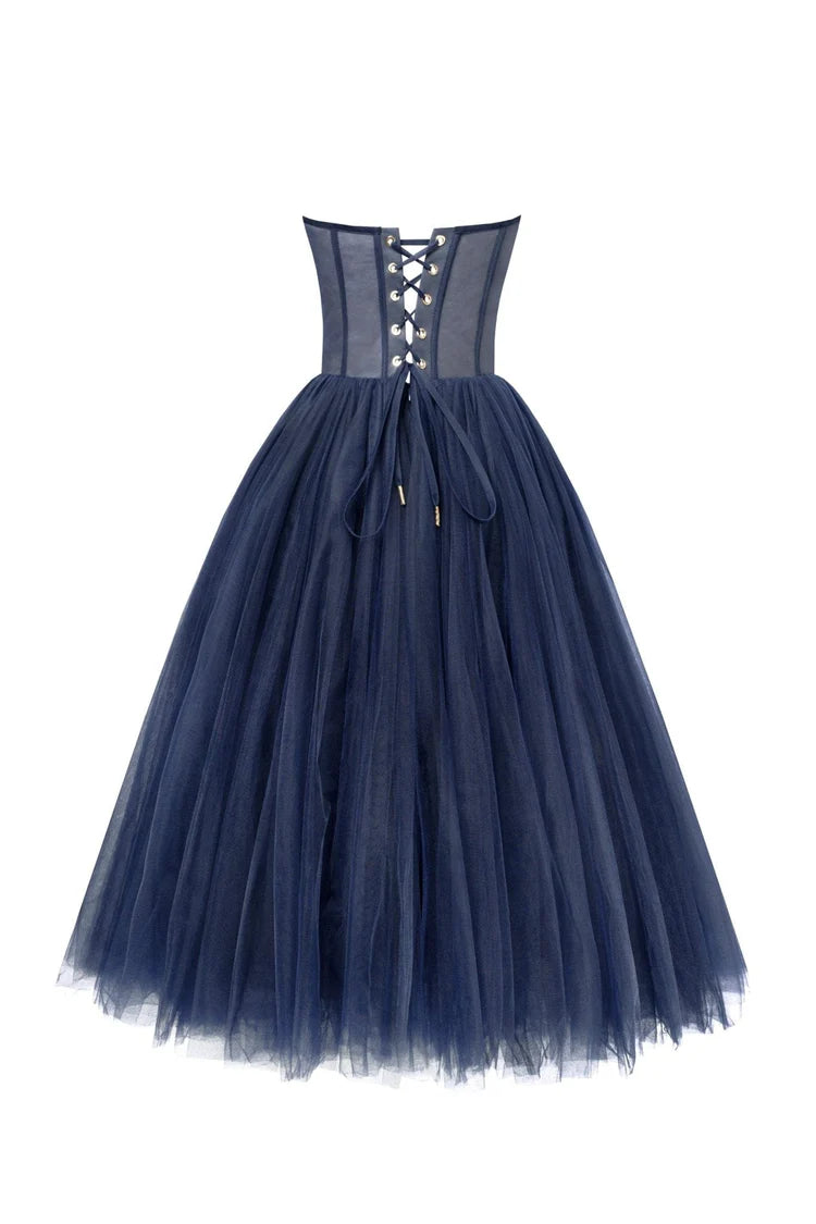 Strapless Navy Bloom Midi Tulle Dress