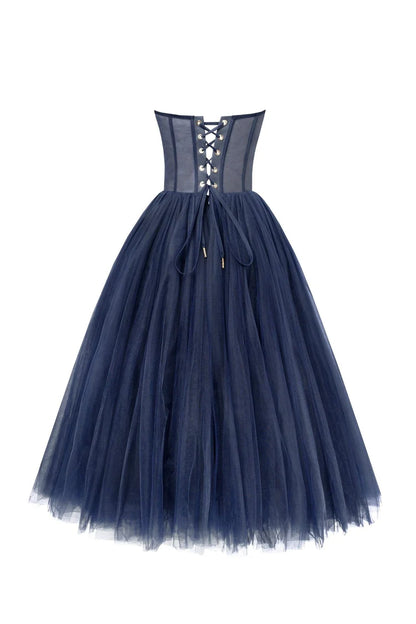Strapless Navy Bloom Midi Tulle Dress