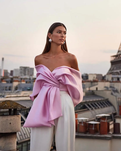 Pink Organza Off-Shoulder Blouse With Meringue Flounces (Milla)