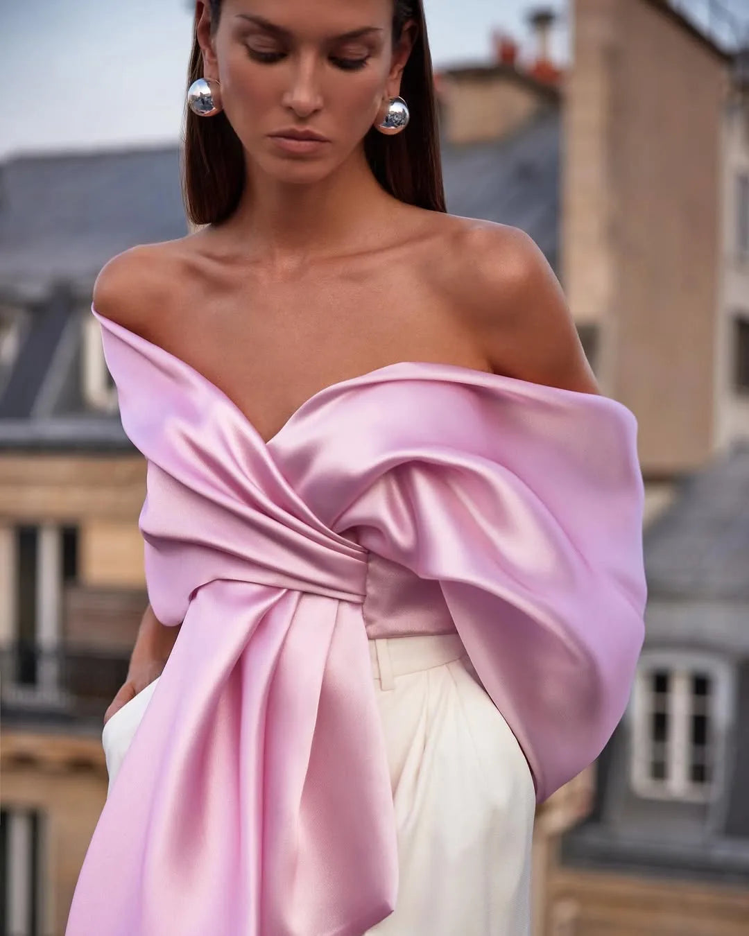 Pink Organza Off-Shoulder Blouse With Meringue Flounces (Milla)