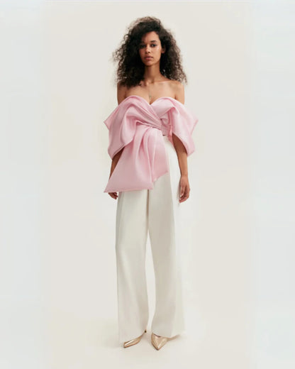 Pink Organza Off-Shoulder Blouse With Meringue Flounces (Milla)