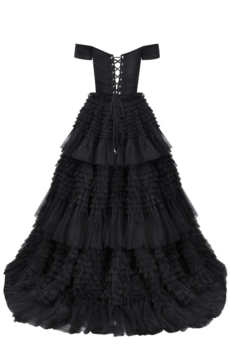 Black Swan Off Shoulder Frill Layered Gown