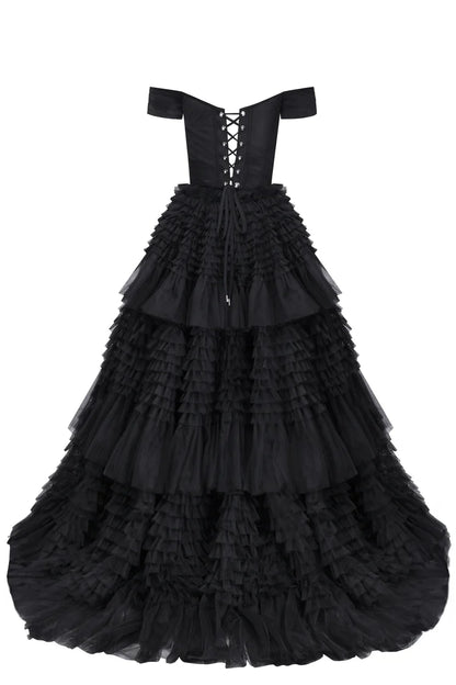Black Swan Off Shoulder Frill Layered Gown