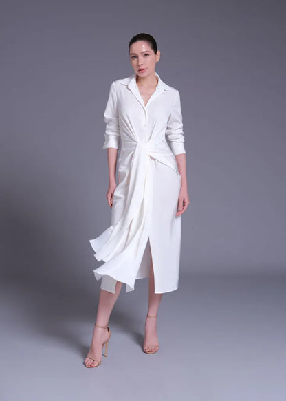 Acetate Shirt Dress with Gathered Tie Detail