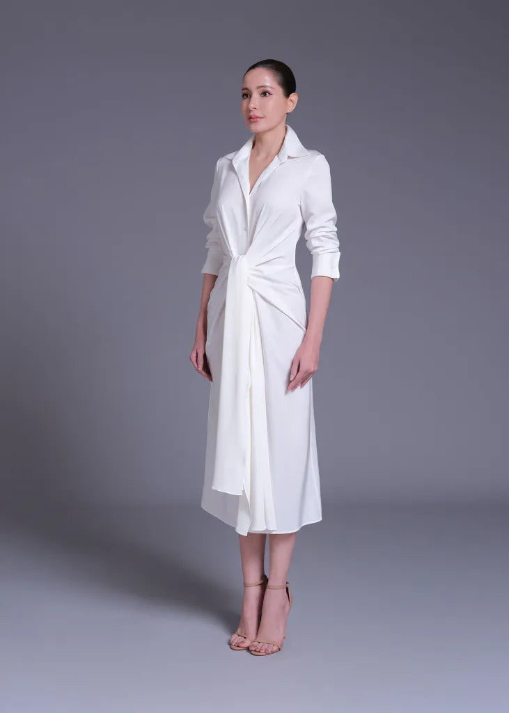 Acetate Shirt Dress with Gathered Tie Detail