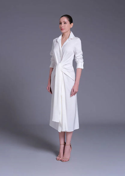 Acetate Shirt Dress with Gathered Tie Detail