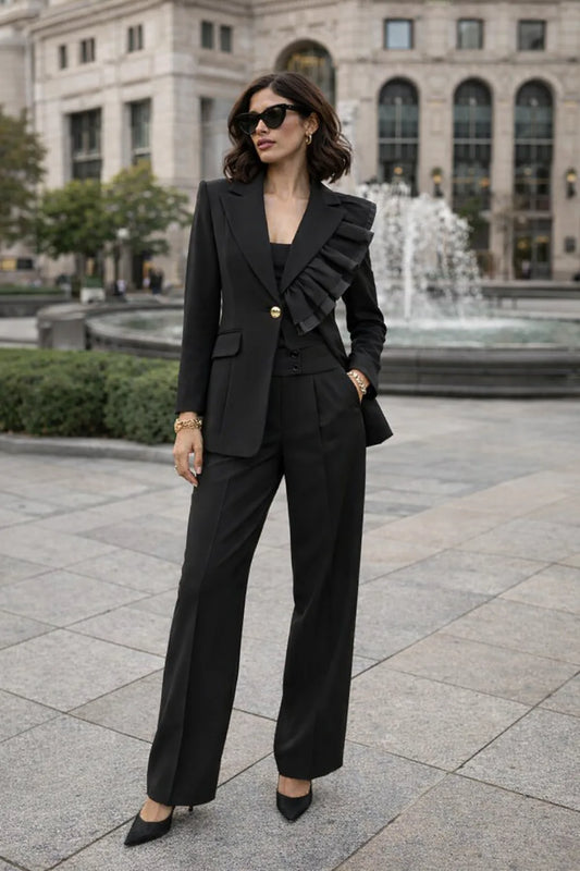Black Suit with Detachable Collar Detail