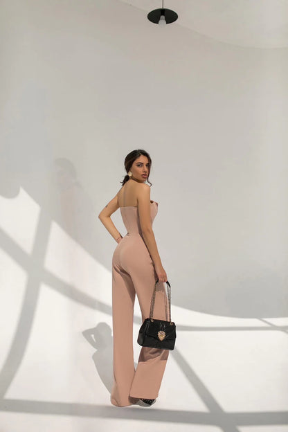 Classic Beige V-neck Sleeveless Jumpsuit