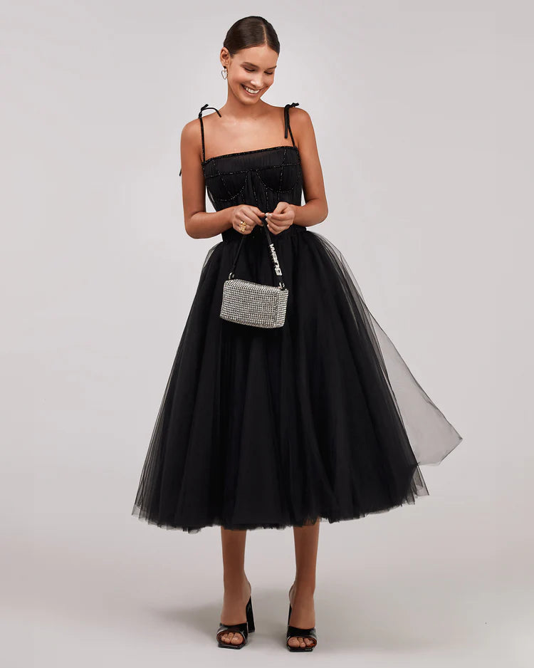 Black Ribbon Strap Cocktail Dress with Onyx Corset Embroidery