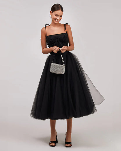 Black Ribbon Strap Cocktail Dress with Onyx Corset Embroidery