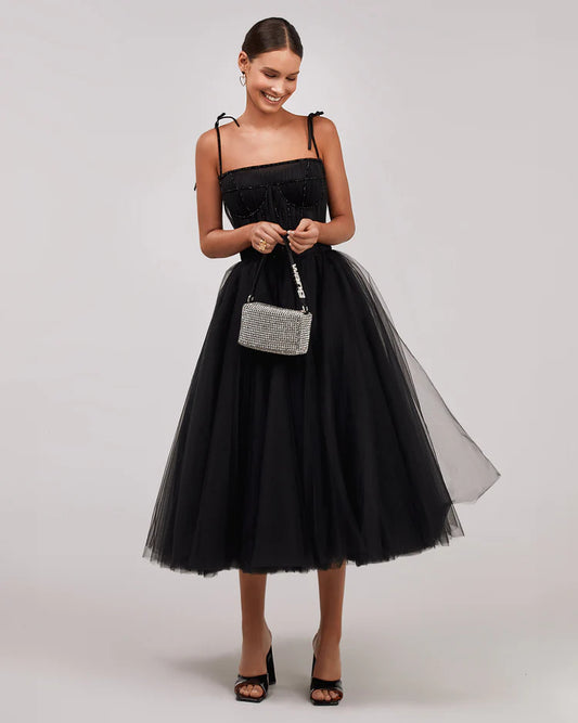 Black Ribbon Strap Cocktail Dress with Onyx Corset Embroidery