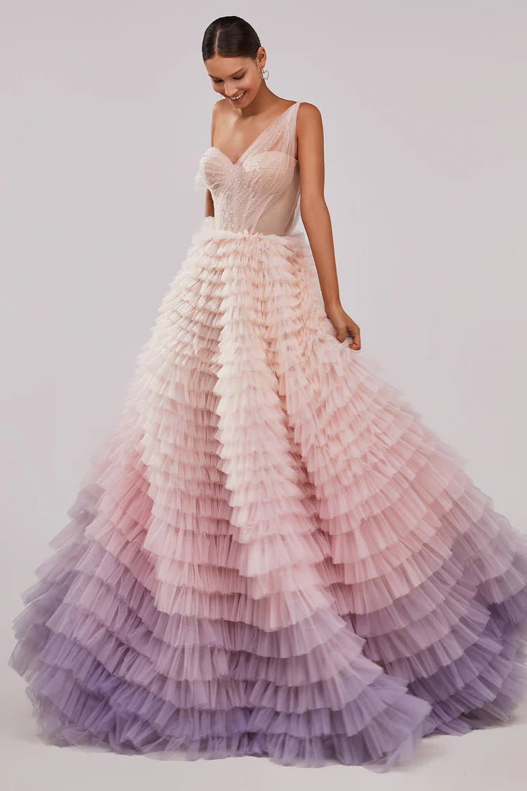 Ombre Couture Frill Layered Gown
